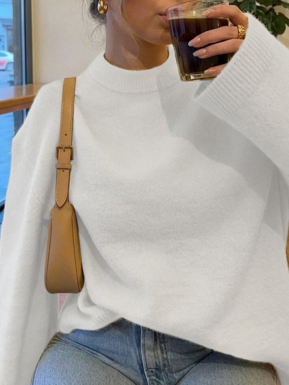 White Casual Women's Minimalist Drop Shoulder Round Neck Pullover Sweater - Picture 5 of 6